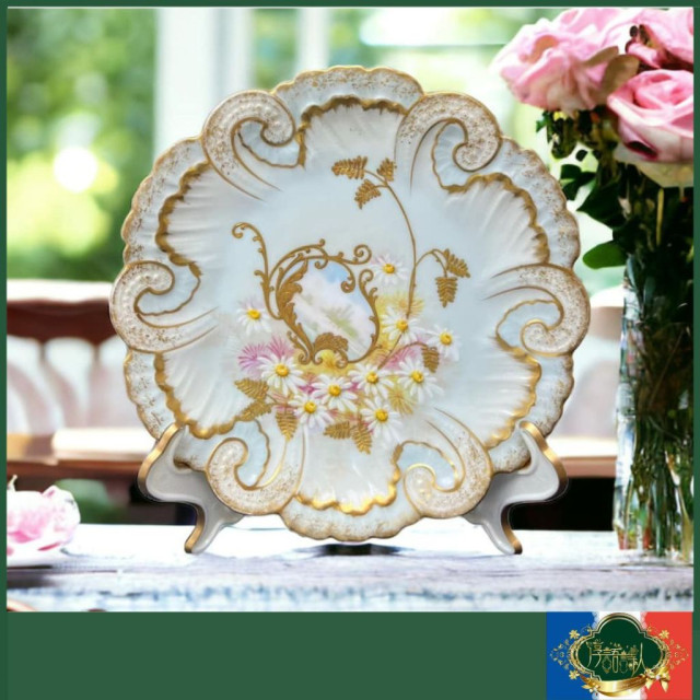法國Limoges 1900年 宮廷風重金打造全手繪立體描金小雛菊薄荷綠蛋糕盤
