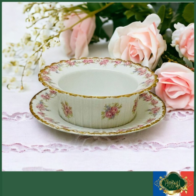 法國Limoges GDA  1900年   粉色花環手描甜品碗
