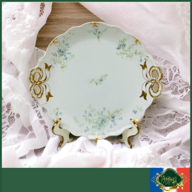 法國Limoges JPL 小藍花圖騰雙耳蝴蝶結簍空蛋糕盤