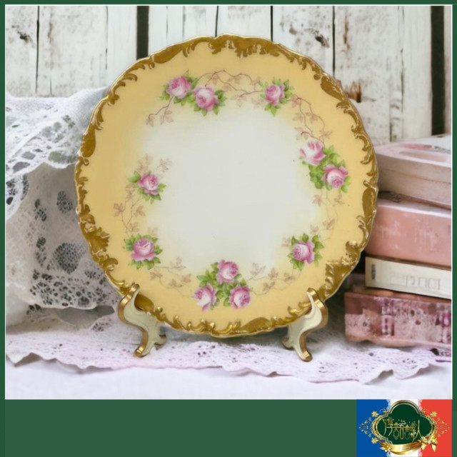 法國Limoges TV  重金全手繪玫瑰花圖騰優雅粉霧橘 沙拉盤