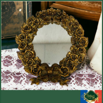 義大利 vintage老件 -立體復古金色 雕刻 玫瑰花 蝴蝶結 中型古董掛鏡