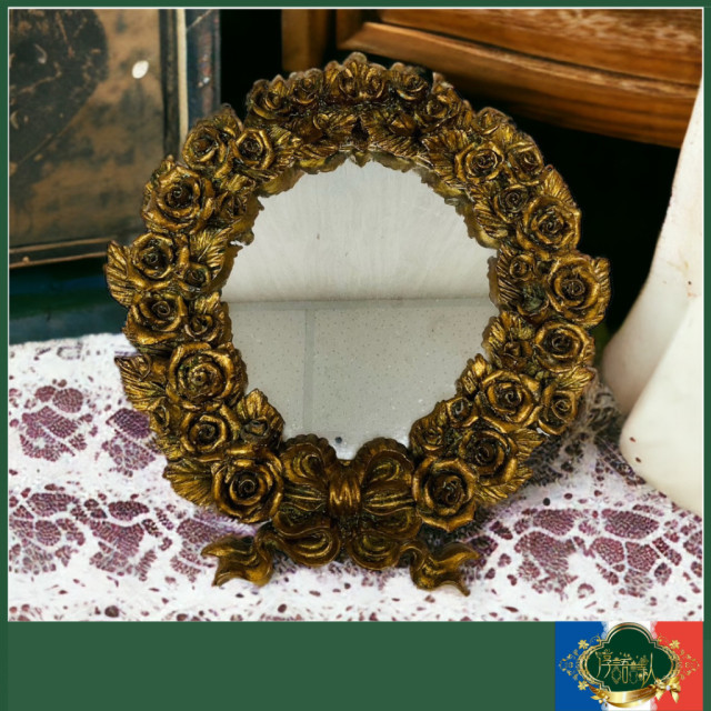 義大利 vintage老件 -立體復古金色 雕刻 玫瑰花 蝴蝶結 中型古董掛鏡
