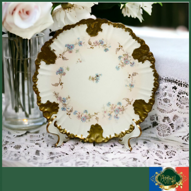 法國Limoges 百年老件 重金花圖騰粉米色漸層暈染大盤