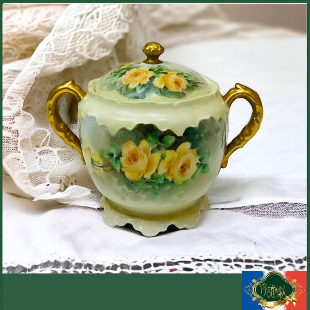 法國 HAVILAND 哈維蘭 全手繪黃色玫瑰花重金雙耳糖罐