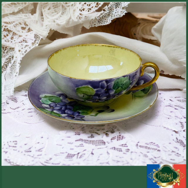 法國 limoges  GDA 全手繪紫花珍珠光重金咖啡杯盤組