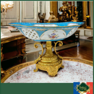 法國洛可可風格黃銅鎏金重工土耳其藍全手繪高腳水果盤