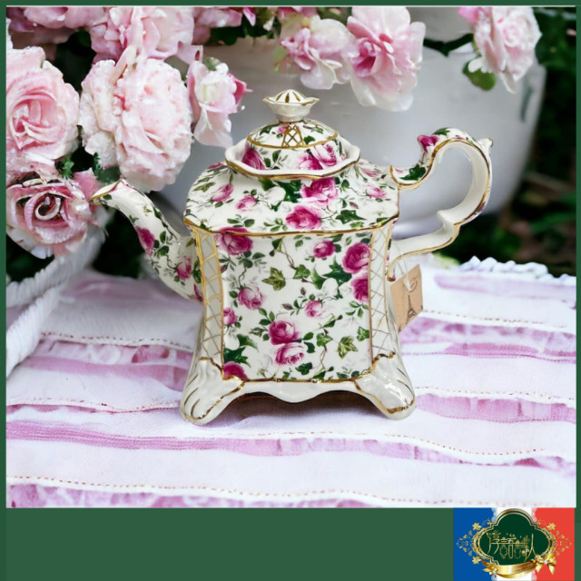 英國 STAFFORDSHIRE 粉紅玫瑰花-特殊少見的方形有腳花茶壺