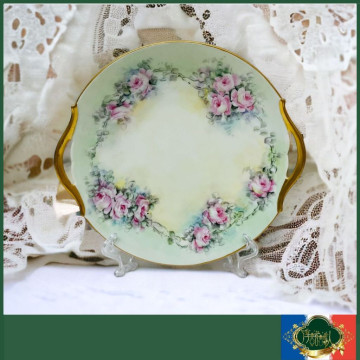 法國 limoges 全手繪玫瑰花環湖水綠雙耳重金蛋糕盤