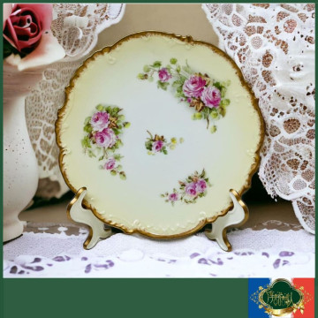 法國Limoges 半手繪淡黃色玫瑰花圖騰手刷金立體浮雕盤