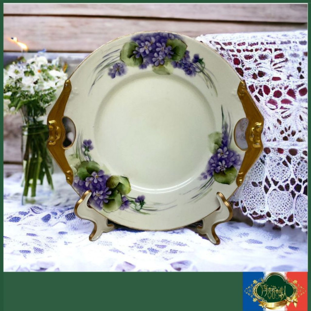 法國 limoges 1900年作品-雙耳鏤空全手繪紫花蛋糕盤