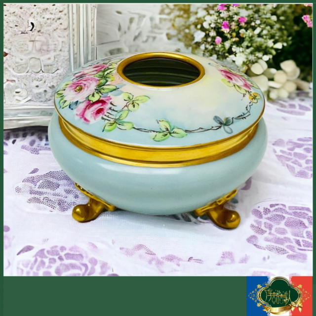 法國Limoges G.D.A 百年老件 全手繪玫瑰花重金高腳飾品盒