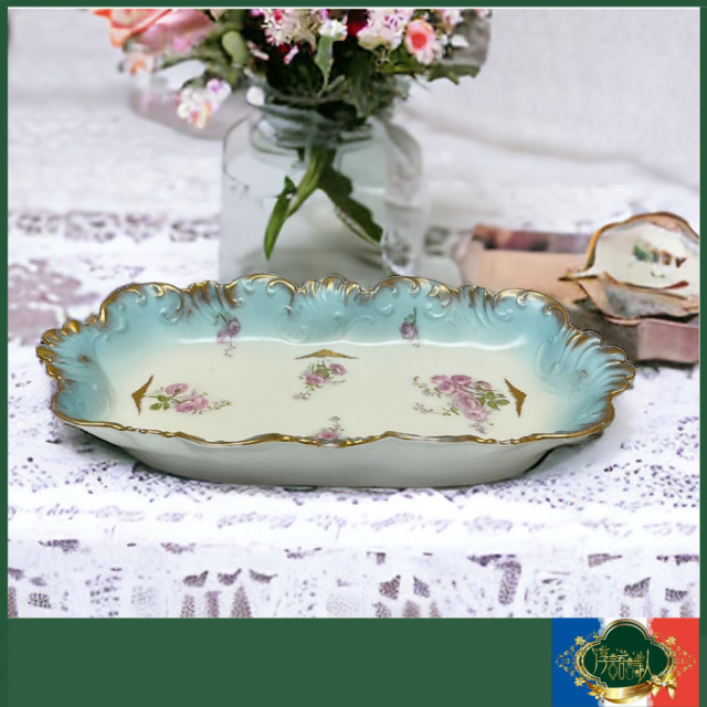 法國Limoges 稀有藍色手刷金邊不規則長型身盤