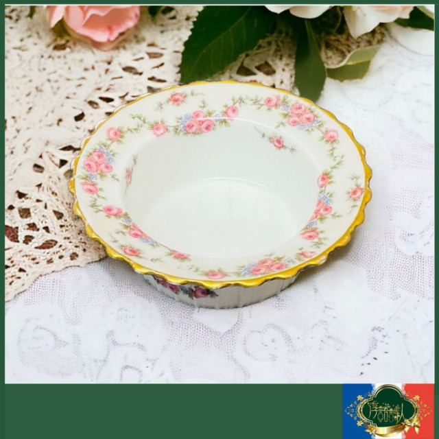 法國Limoges GDA 白色優雅玫瑰花圖騰手刷上金甜品碗
