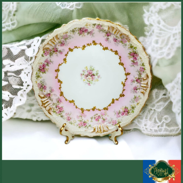 法國Limoges 1890年 浪漫唯美粉嫩花環夢幻粉紅蛋糕盤
