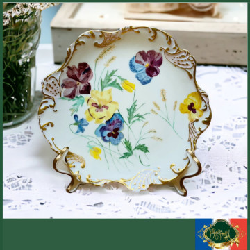 法國Limoges  JPL 全手繪花卉圖騰黃色暈染手描金 不規則盤