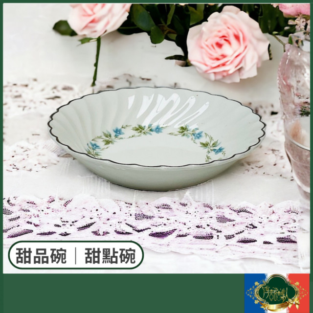英國 JOHNSON BROTHERS-經典淡藍色花環銀邊波浪 甜品碗 甜點碗