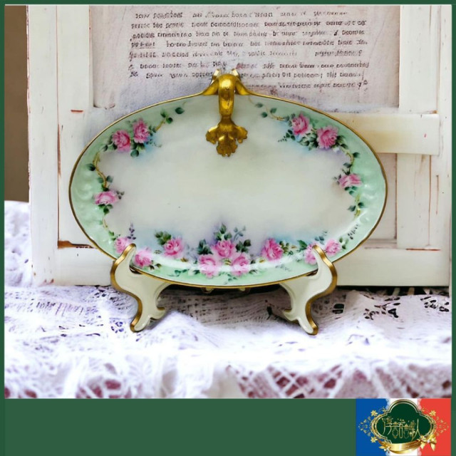 法國 Limoges 全手繪玫瑰花圖騰綠色暈染 重金提籃橢圓點心盤