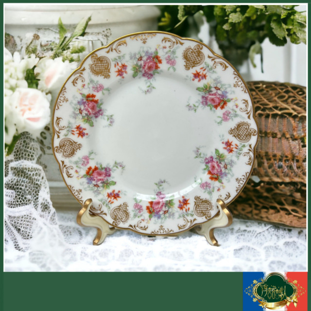 法國Limoges 1894年 宮廷風半手繪玫瑰圖騰花邊型點心盤