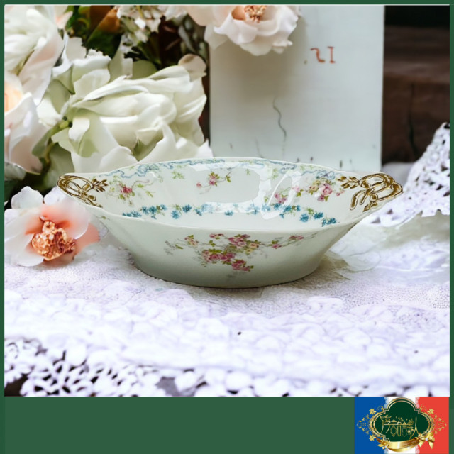 法國Limoges GDA 1900年 經典藍色緞帶花環手描金雙耳簍空蝴蝶結橢圓深盤