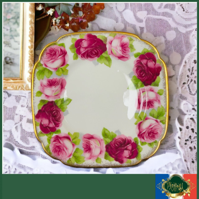 英國 Royal Albert 老英國玫瑰系列-重金方形點心盤