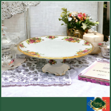 英國 Royal Albert 22K金 鄉村玫瑰 第一版 高腳蛋糕盤