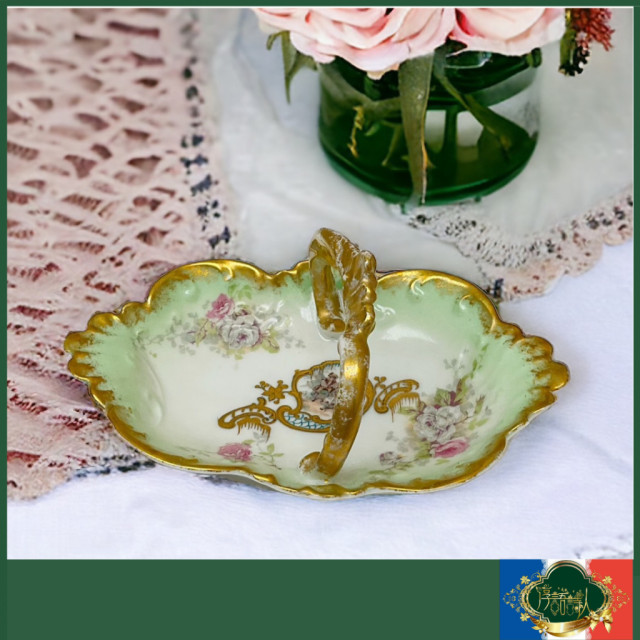 法國Limoges 稀有款百年老件 半手繪手刷金薄荷綠點心提籃