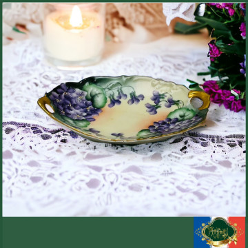 法國Limoges  全手繪紫花手描金簍空長型 點心盤 堅果盤