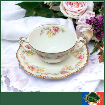 法國Limoges  1900年 古董玫瑰花圖騰雙耳咖啡杯/湯杯-盤緣有立體點珠