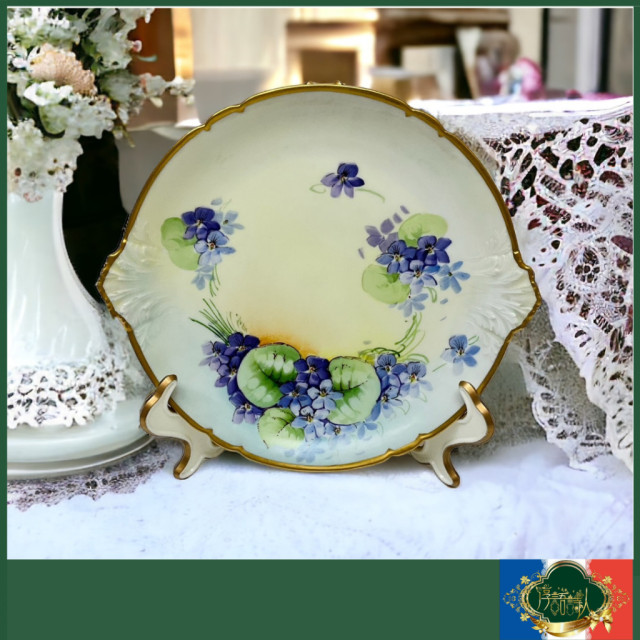 法國Limoges G.D.A  全手繪紫花厚金邊雙耳蛋糕盤