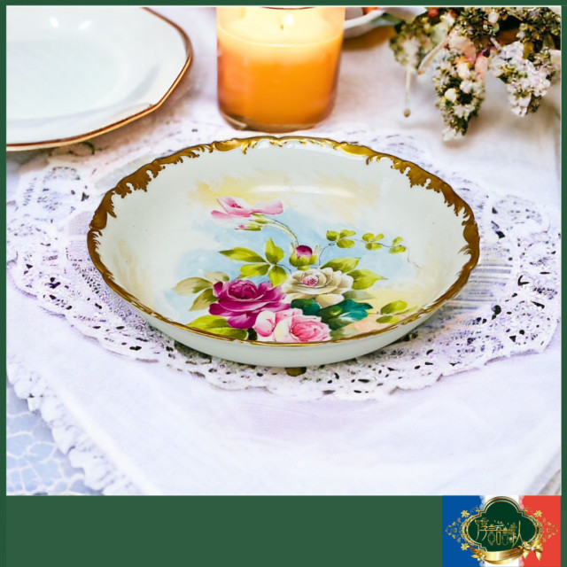 法國Limoges 稀有老件 重金全手繪玫瑰花圖騰 水果沙拉碗
