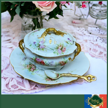 法國 Limoges 全手繪玫瑰花圖騰手描金稀有糖罐（含湯匙）