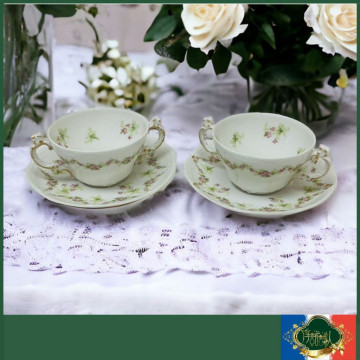 法國Limoges TV  1892年 小粉花環典雅白雙耳咖杯盤組
