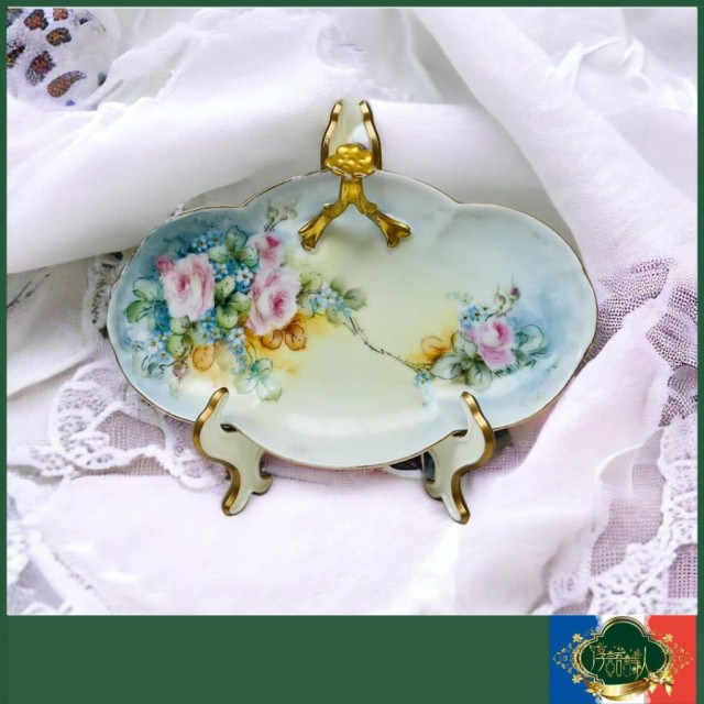 法國 Limoges 全手繪玫瑰花圖騰藍色暈染 重金提籃橢圓花邊點心盤