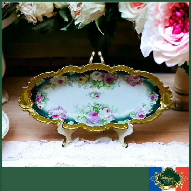 法國 Limoges  重金半手繪玫瑰花圖騰松石綠不規則邊長盤