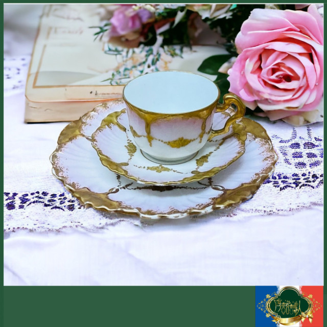 法國Limoges 1896年 手描立體金 重金粉色暈濃縮咖啡杯盤點心三件組