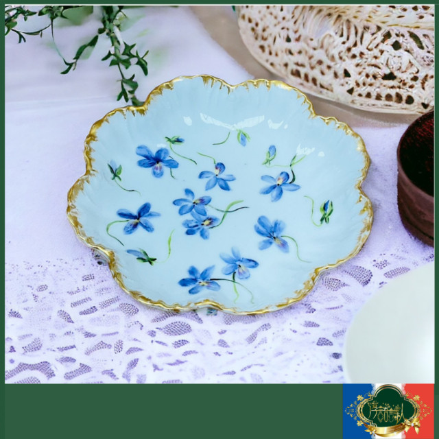 法國Limoges 全手繪紫花手描金花邊點心盤