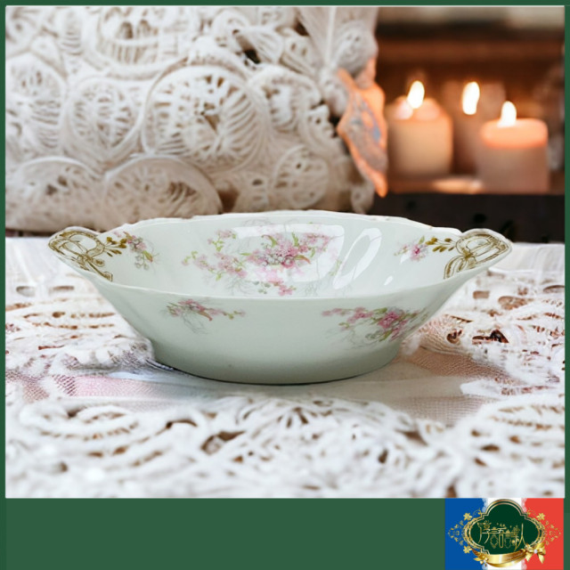 法國Limoges GDA 1900年 白色優雅手描金雙耳簍空蝴蝶結橢圓深盤