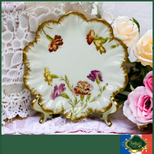 法國Limoges 百年老件 重金半手繪花圖騰花邊點心盤 