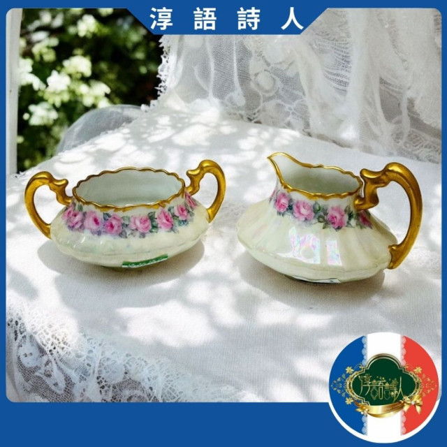  法國 Limoges 1892年 全手繪玫瑰花環重金珍珠光糖碗奶壺組